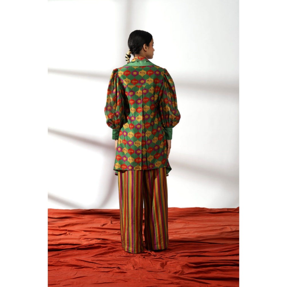 Leela by A Green Embroidered Double Collar Kurti And Palazzo