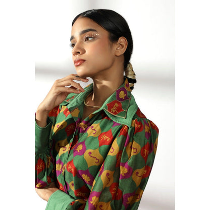 Leela by A Green Embroidered Double Collar Kurti And Palazzo