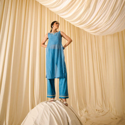 Leela by A Blue Slip Kurta With Inner Top And Straight Pants