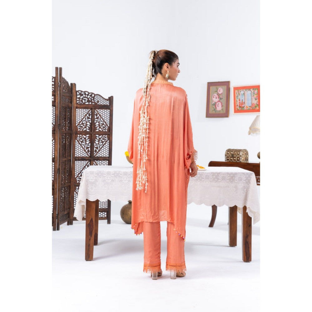 Leela by A Peach Chiffon Kaftan Kurta With Pant And Inner