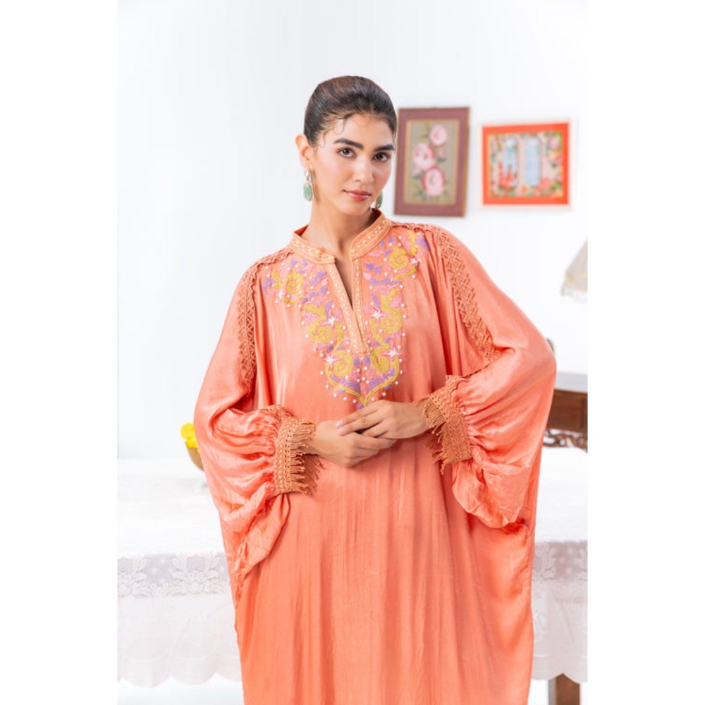 Leela by A Peach Chiffon Kaftan Kurta With Pant And Inner