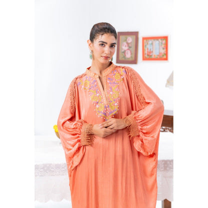 Leela by A Peach Chiffon Kaftan Kurta With Pant And Inner