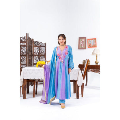 Leela by A Blue And Purple Ombre Anarkali Kurta With Pant And Dupatta