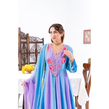 Leela by A Blue And Purple Ombre Anarkali Kurta With Pant And Dupatta