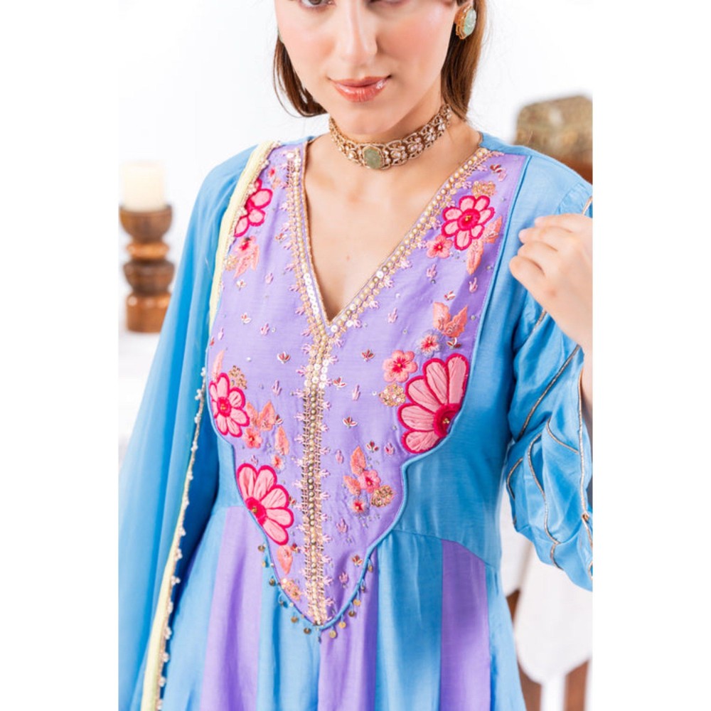 Leela by A Blue And Purple Ombre Anarkali Kurta With Pant And Dupatta
