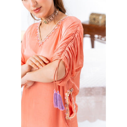 Leela by A Peach Cinched Sleeves Kurta With Harem Pant