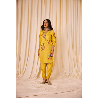 Leela by A Yellow Straight Tulip And Abstract Applique Kurta With Pant And Dupatta