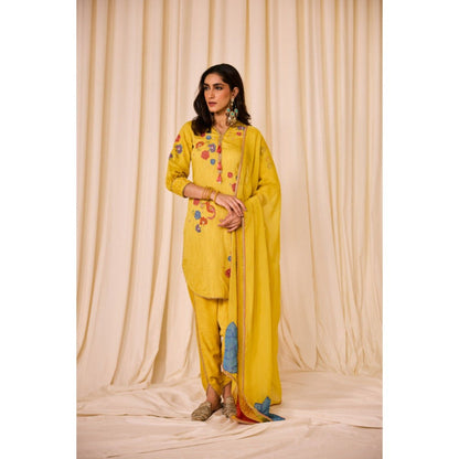 Leela by A Yellow Straight Tulip And Abstract Applique Kurta With Pant And Dupatta
