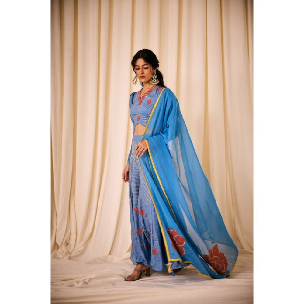 Leela by A Blue Applique Embroidery Lehenga With Blouse And Dupatta