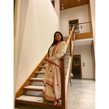 Leela by A White and Red Printed and Embroidered Kurta with Palazzo and Stole