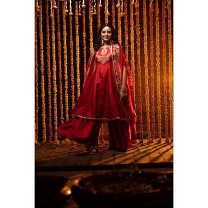 Leela by A Red Kurta With Palazzo And Cape