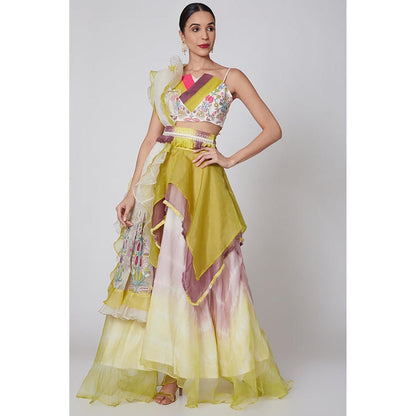 Leela by A Vibrant Applique Work And Tie-Dyed Draped Choli With Skirt