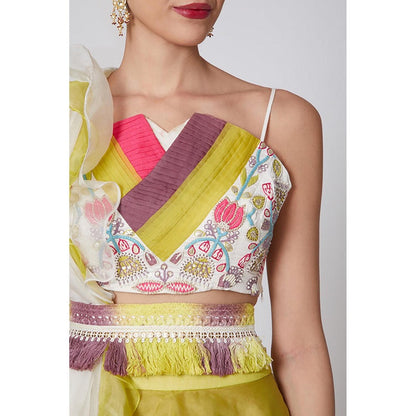 Leela by A Vibrant Applique Work And Tie-Dyed Draped Choli With Skirt