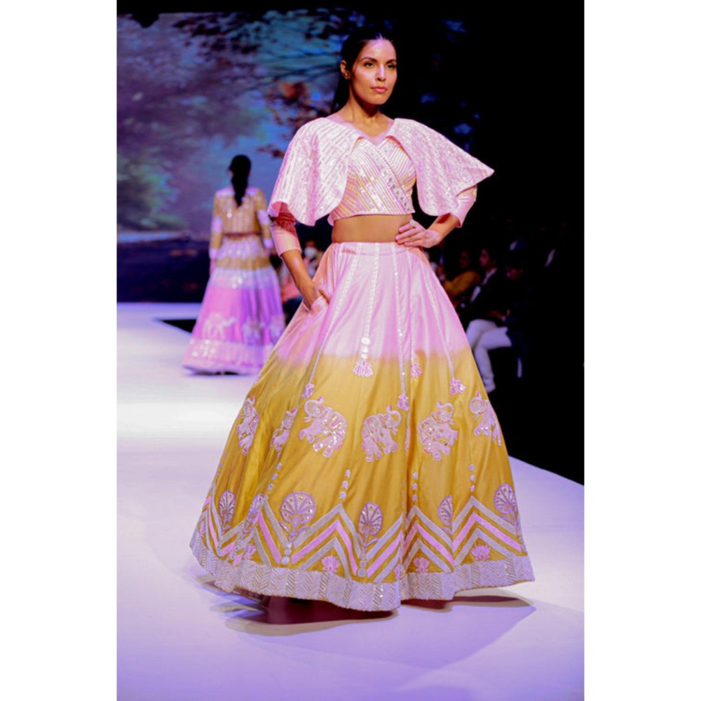 Leela by A Pink And Lime Green Shaded Hathi Lehenga With Blouse