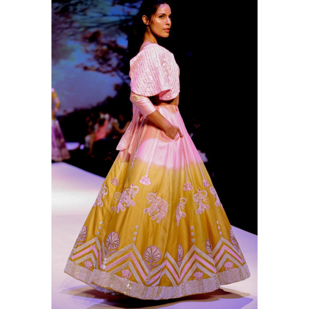 Leela by A Pink And Lime Green Shaded Hathi Lehenga With Blouse
