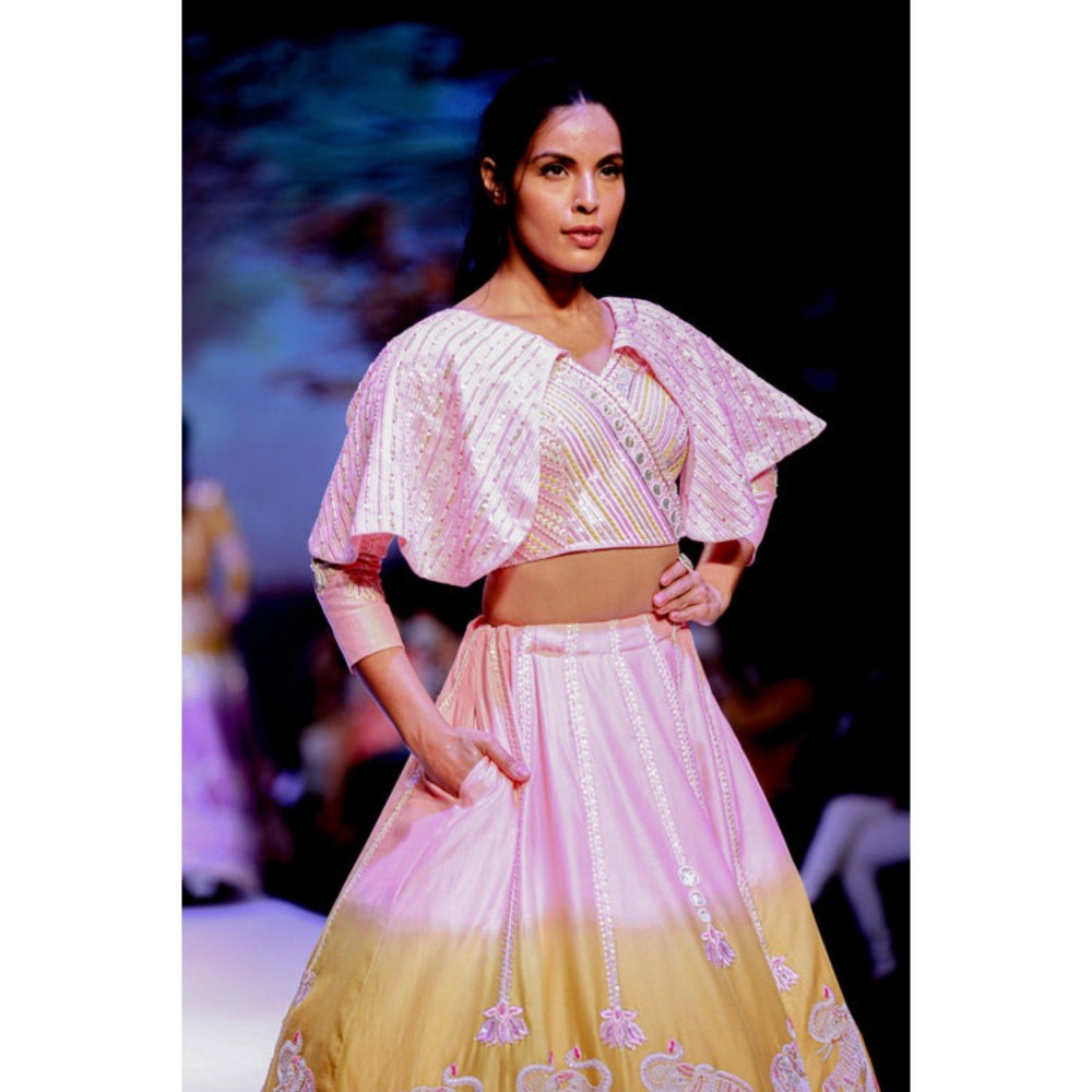 Leela by A Pink And Lime Green Shaded Hathi Lehenga With Blouse