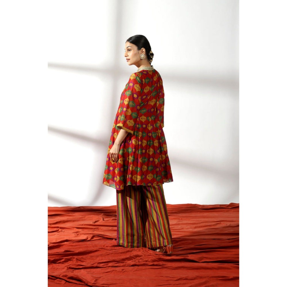Leela by A Red Printed Kurta And Striped Palazzo