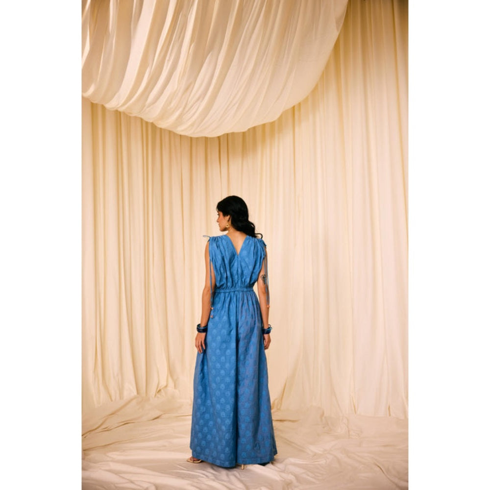 Leela by A Blue Jacquard Cotton Neck Embroidery Jumpsuit