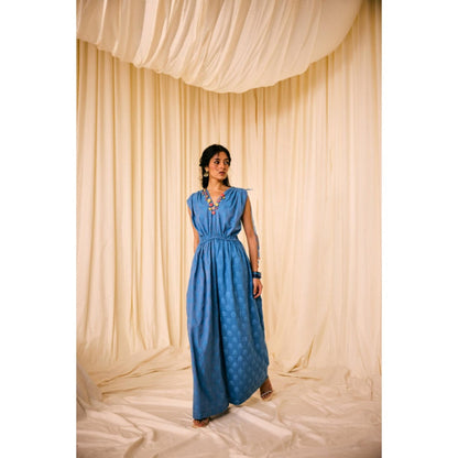 Leela by A Blue Jacquard Cotton Neck Embroidery Jumpsuit