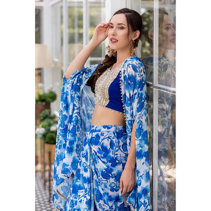 MABISH LUXE Blue Poppy Blouse with Skirt and Cape (Set of 3)