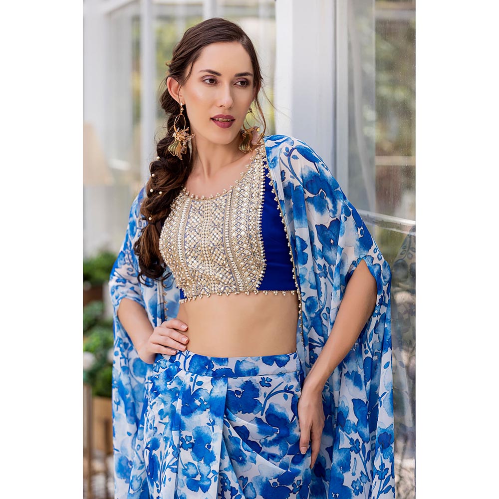 MABISH LUXE Blue Poppy Blouse with Skirt and Cape (Set of 3)