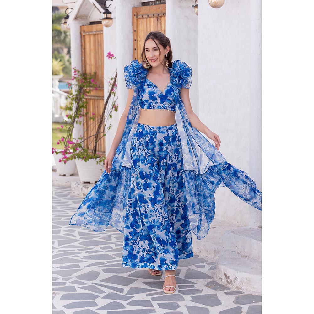 MABISH LUXE Blue Hibiscus Blouse with Palazzo and Cape (Set of 3)