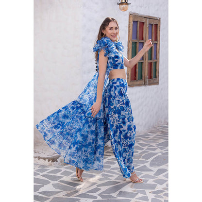 MABISH LUXE Blue Hibiscus Blouse with Palazzo and Cape (Set of 3)