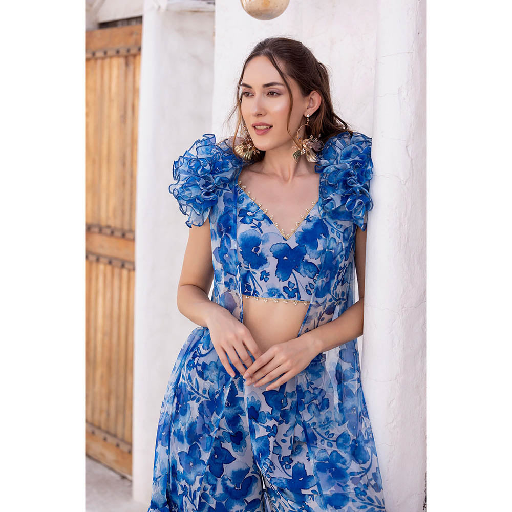 MABISH LUXE Blue Hibiscus Blouse with Palazzo and Cape (Set of 3)