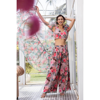 MABISH LUXE Beige Blooming Azalea Blouse with Palazzo and Cape (Set of 3)