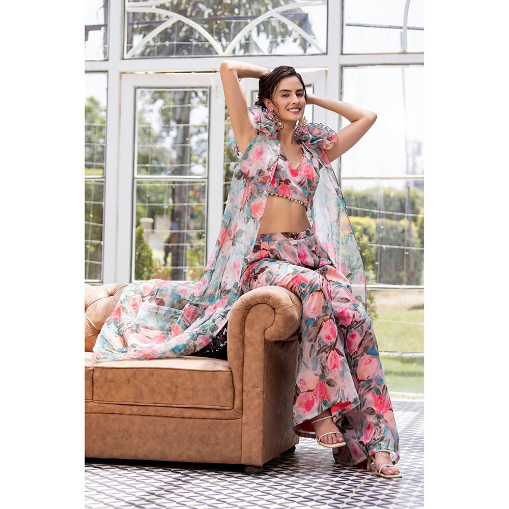 MABISH LUXE Beige Blooming Azalea Blouse with Palazzo and Cape (Set of 3)