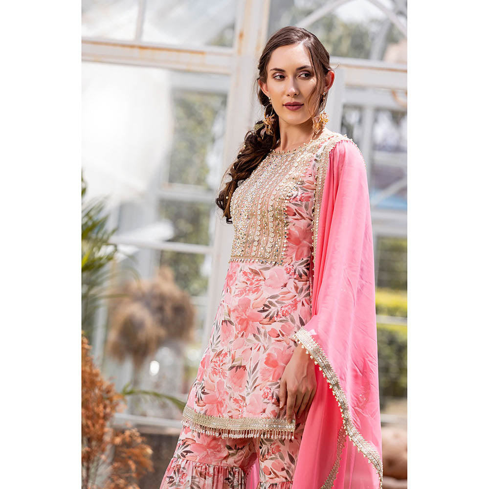 MABISH LUXE Pink Sweet Pea Kurti with Sharara and Dupatta (Set of 3)