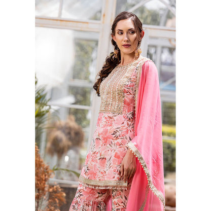 MABISH LUXE Pink Sweet Pea Kurti with Sharara and Dupatta (Set of 3)