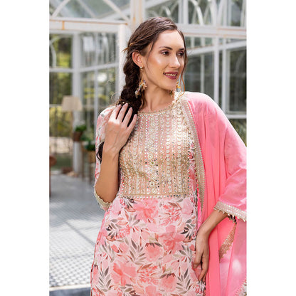 MABISH LUXE Pink Sweet Pea Kurti with Sharara and Dupatta (Set of 3)
