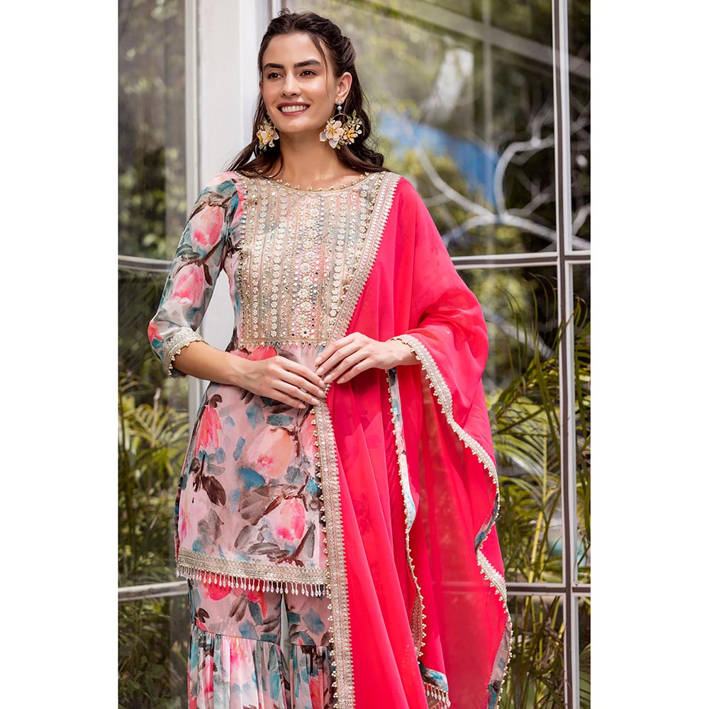 MABISH LUXE Pink Exotic Begonia Kurti with Sharara and Dupatta (Set of 3)