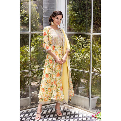 MABISH LUXE Yellow Sweet Freesia Anarkali with Pant and Dupatta (Set of 3)