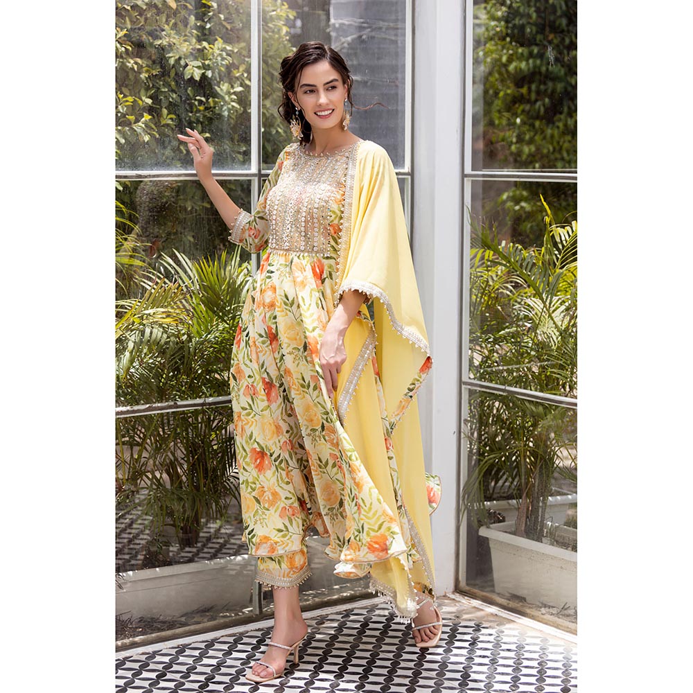 MABISH LUXE Yellow Sweet Freesia Anarkali with Pant and Dupatta (Set of 3)