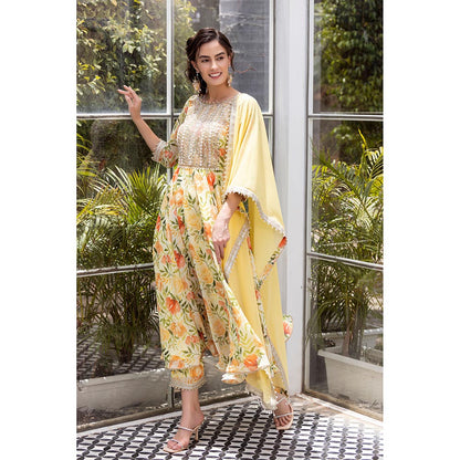 MABISH LUXE Yellow Sweet Freesia Anarkali with Pant and Dupatta (Set of 3)