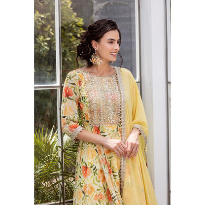 MABISH LUXE Yellow Sweet Freesia Anarkali with Pant and Dupatta (Set of 3)
