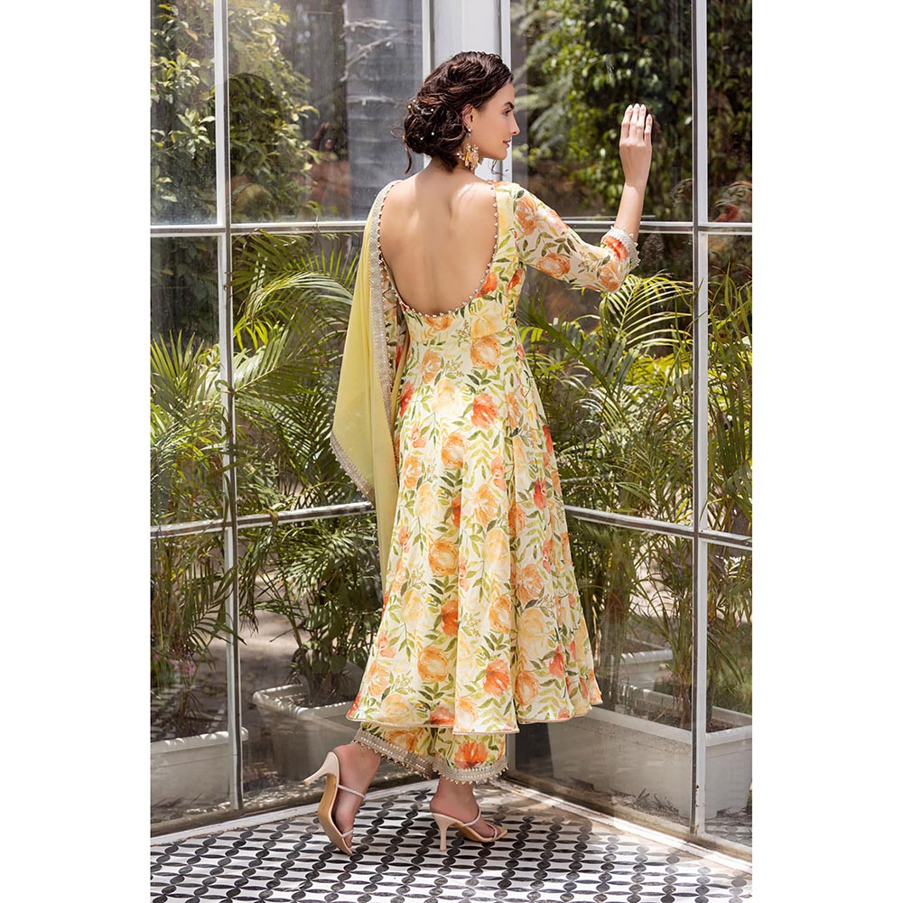 MABISH LUXE Yellow Sweet Freesia Anarkali with Pant and Dupatta (Set of 3)