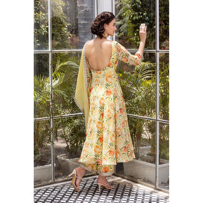 MABISH LUXE Yellow Sweet Freesia Anarkali with Pant and Dupatta (Set of 3)