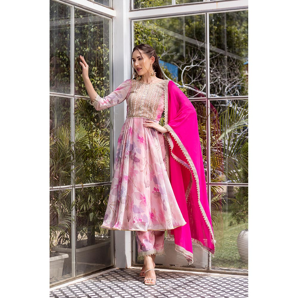 MABISH LUXE Pink Soft Periwinkle Anarkali with Pant and Dupatta (Set of 3)