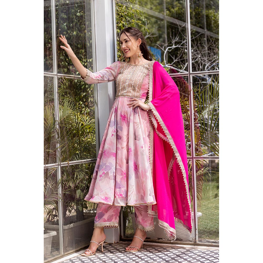 MABISH LUXE Pink Soft Periwinkle Anarkali with Pant and Dupatta (Set of 3)