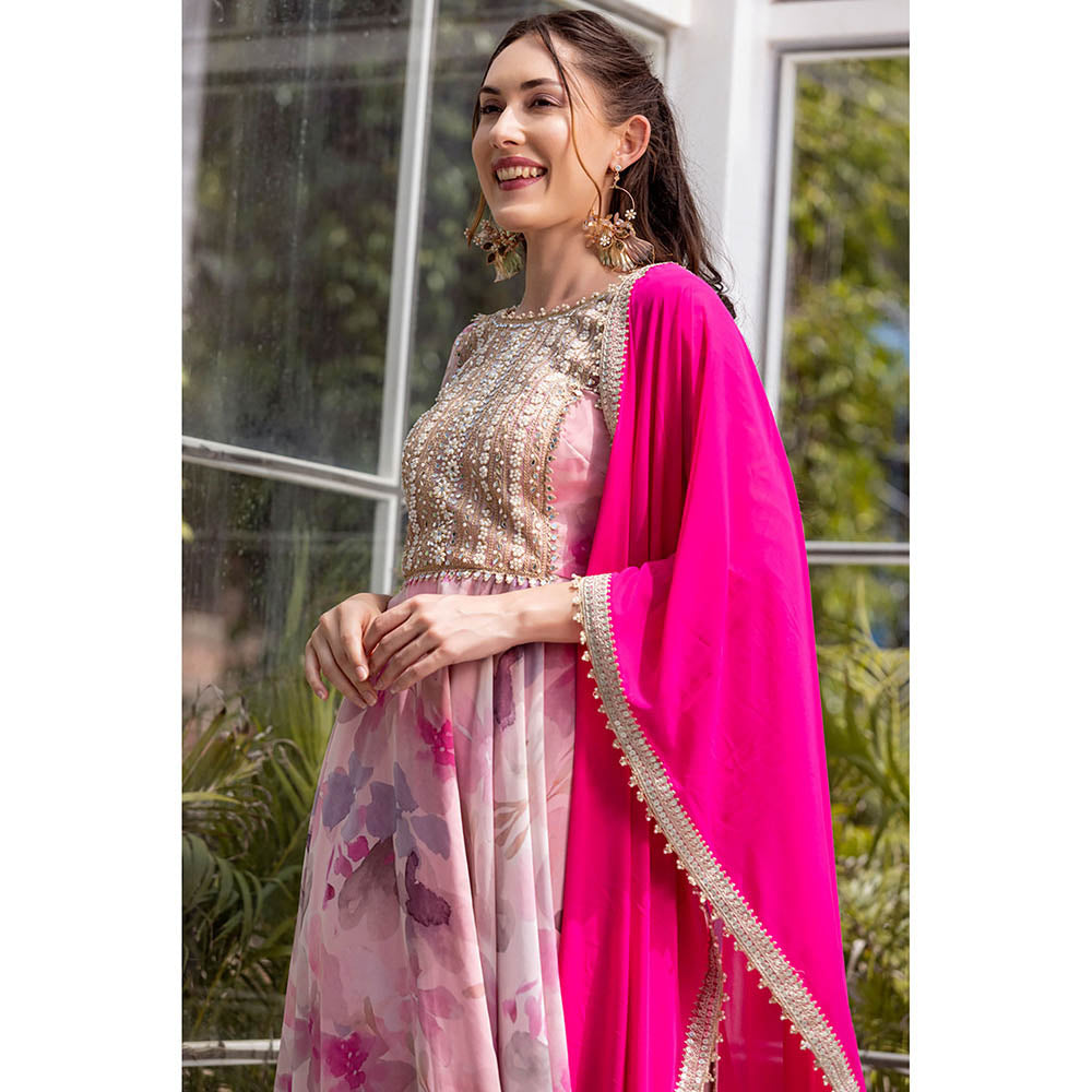 MABISH LUXE Pink Soft Periwinkle Anarkali with Pant and Dupatta (Set of 3)
