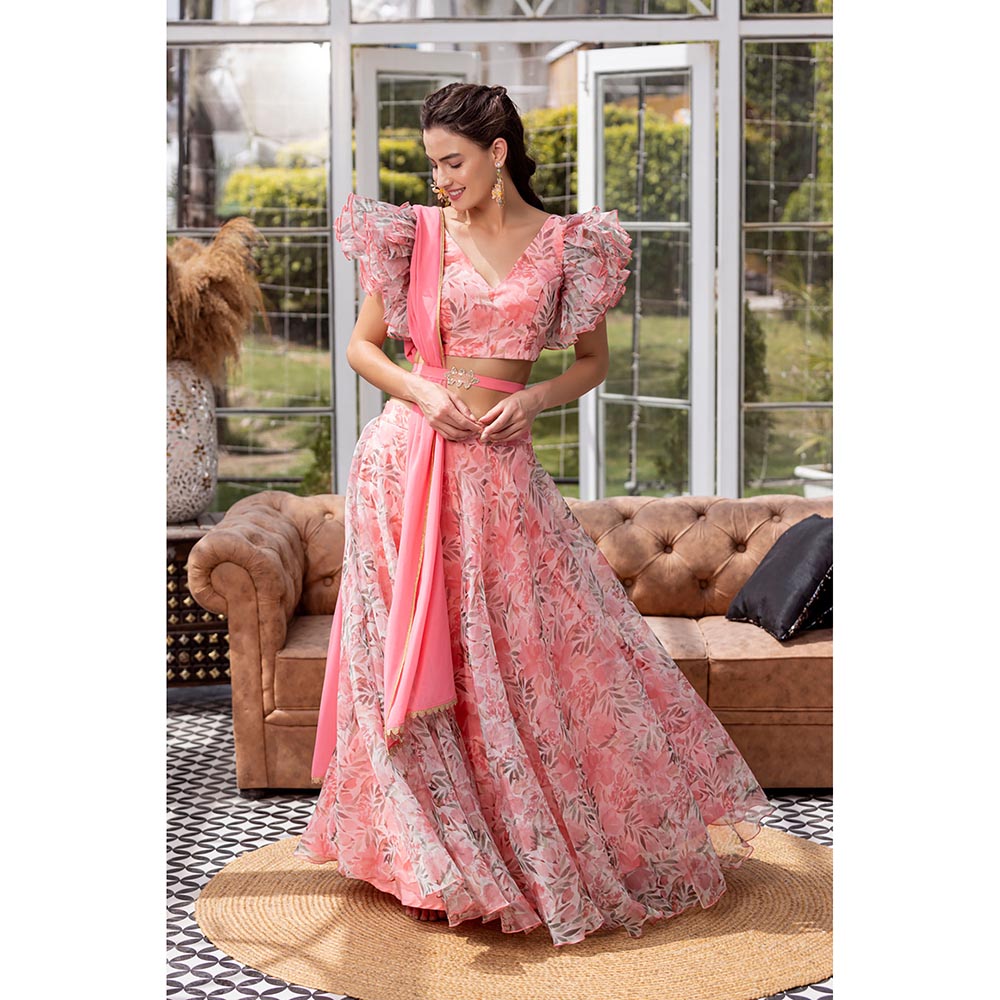 MABISH LUXE Pink Peony Blouse with Lehenga, Dupatta and Belt (Set of 4)