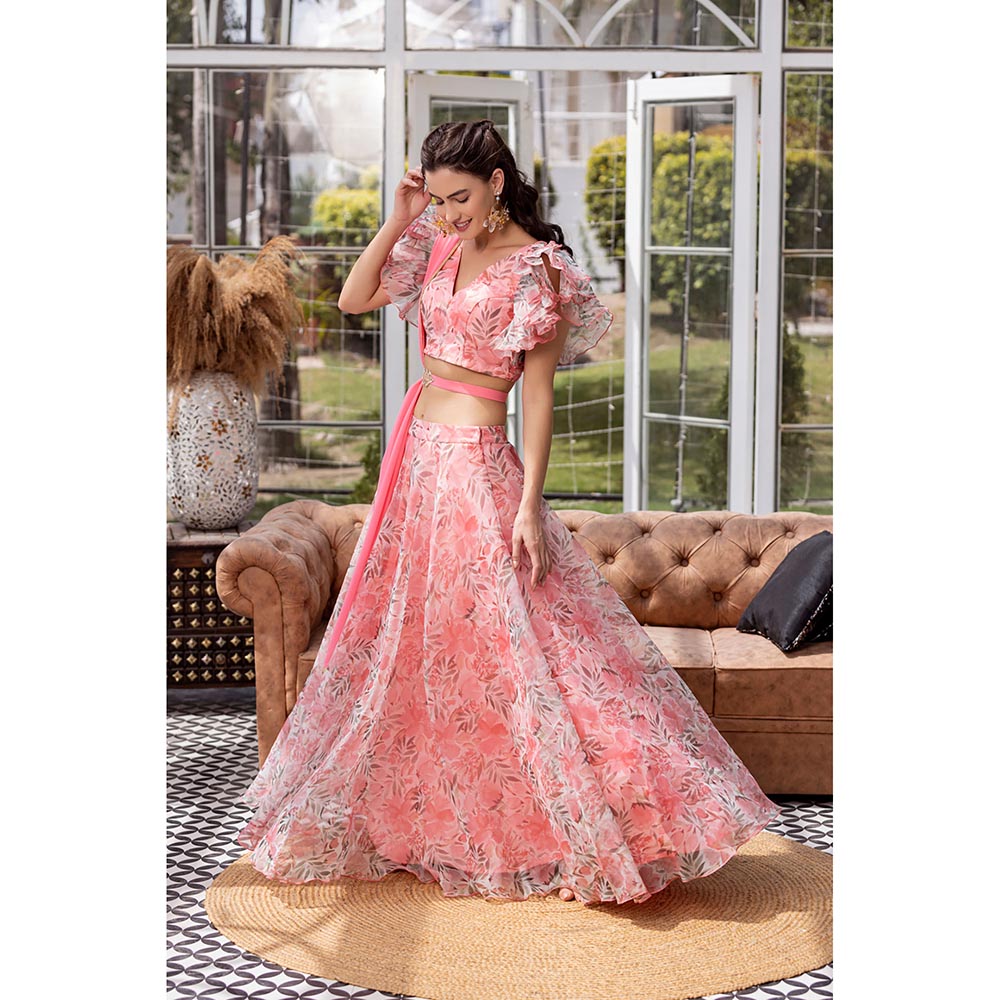 MABISH LUXE Pink Peony Blouse with Lehenga, Dupatta and Belt (Set of 4)
