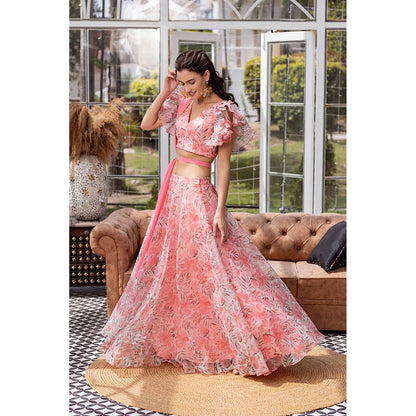 MABISH LUXE Pink Peony Blouse with Lehenga, Dupatta and Belt (Set of 4)