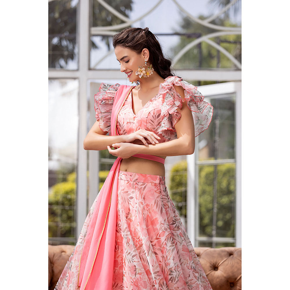 MABISH LUXE Pink Peony Blouse with Lehenga, Dupatta and Belt (Set of 4)