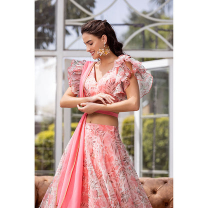 MABISH LUXE Pink Peony Blouse with Lehenga, Dupatta and Belt (Set of 4)