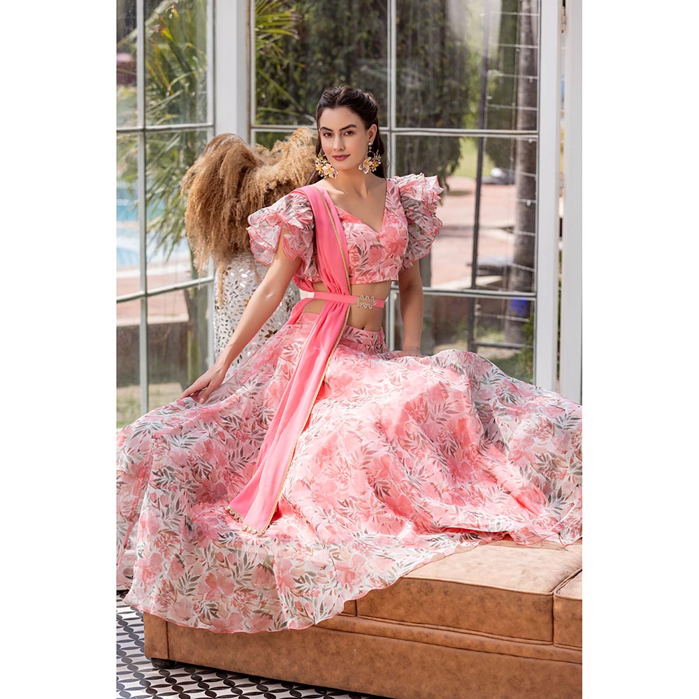 MABISH LUXE Pink Peony Blouse with Lehenga, Dupatta and Belt (Set of 4)