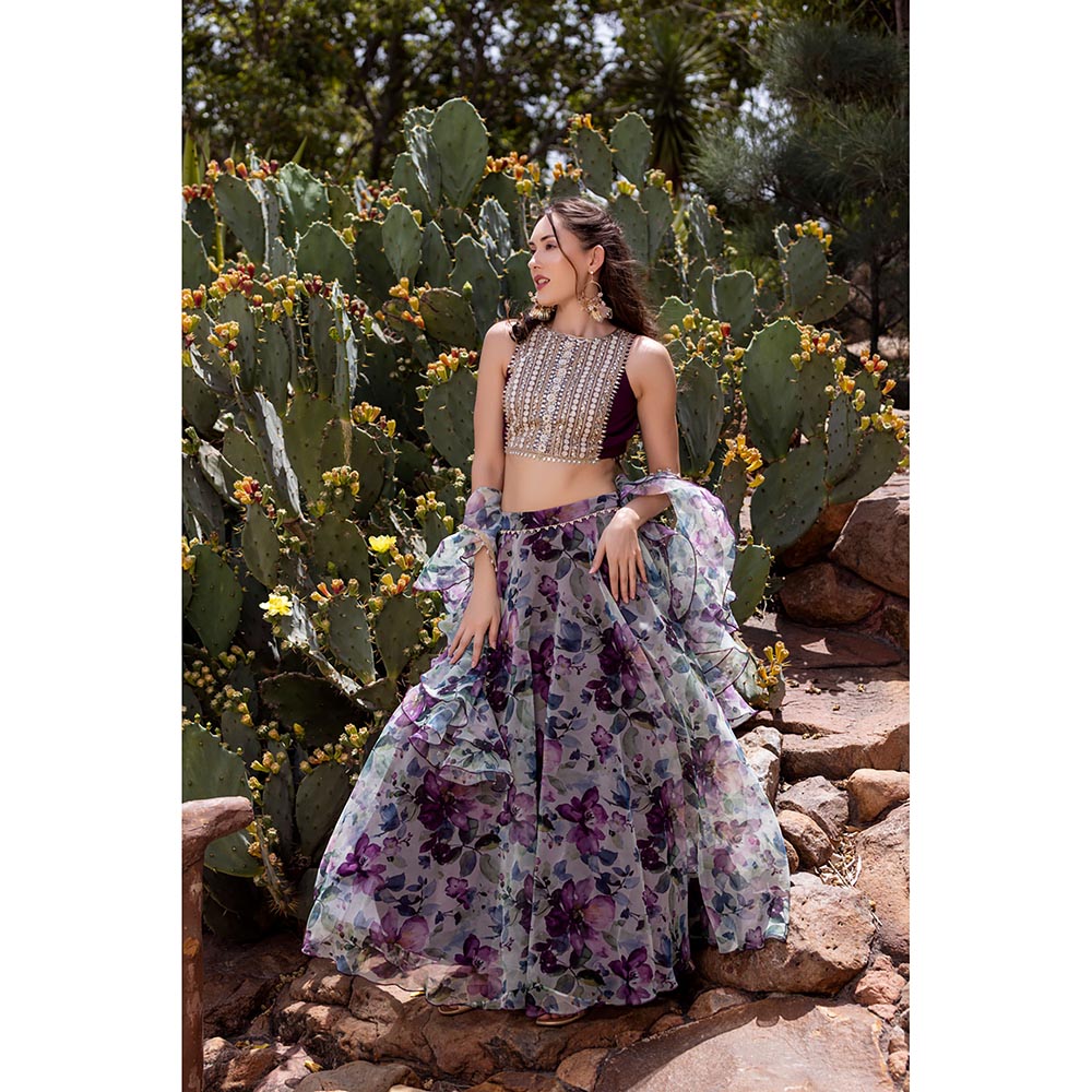 MABISH LUXE Burgundy Bold Iris Blouse with Lehenga and Dupatta (Set of 3)